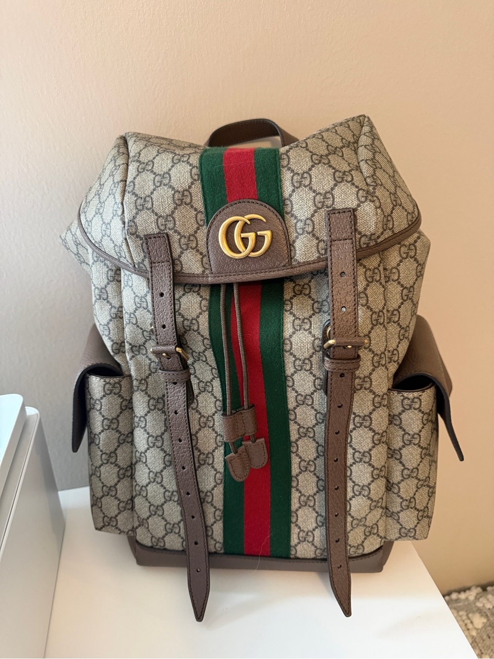 Gucci Brown/Beige GG Canvas Backpack with Signature Green-Red Web